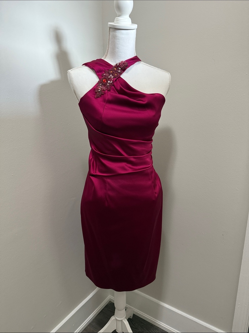 David Meister Fuchsia One-Shoulder Jeweled Sheath Dress
